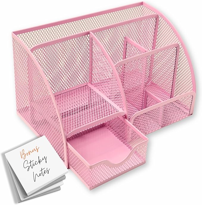 Mesh Desk Organizer - Office Accessories with Sticky Notes, 6 Compartments, Drawer & Pen Holder for Home, School