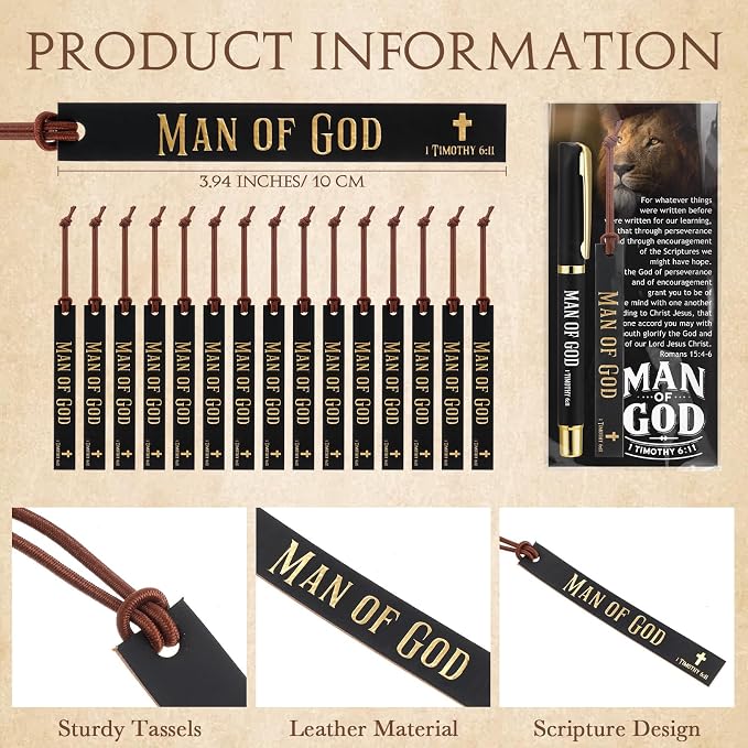 Skyygemm 50 Sets Fathers Day Christian Gifts for Church Man of God Gifts Bulk Bible Verse Pens Leather Bookmarks Religious Cards Appreciation Gift for Church Men Pastor Dad Godfather Clergy