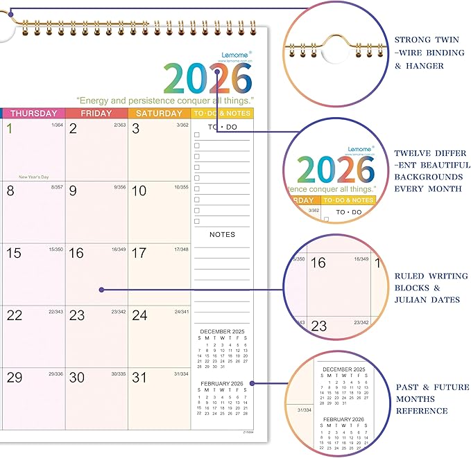 Wall Calendar 2026 - Monthly Calendar January 2026 - December 2026, 14.8 x 11.4 Inches, with Julian Date, Perfect for Organizing