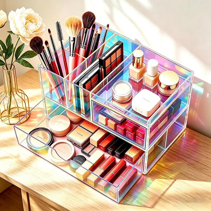 Desk Organizer with Drawers Acrylic Desktop Organizer Pen Holder Caddy for Office Supplies Makeup Organizer for Vanity, Iridescent