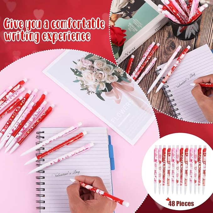 DIYASY 48 Pcs Valentines Mechanical Pencils, Valentine's Day Machine Pencil Bulk with Erasers Party Favor Supplies Classroom Rewards Prizes Stationery Decorations
