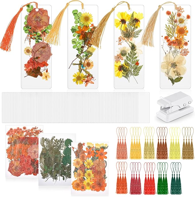 Fuyoooo 376 Pcs Dried Flower Bookmark Making Kit, DIY Bookmark Laminating Pouches with Tassels and Puncher, Handmade Craft Kit for Women, DIY Gifts for Book Lovers (Orange Yellow,2 x 6 Inch)