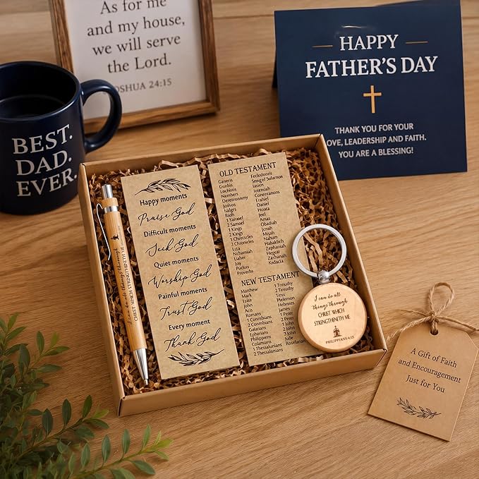 Lincia 10 Sets Christian Father's Day Birthday Gifts Bulk, Bible Verse Bookmarks Keychains with Bamboo Pens Religious Church Gifts Bulk for Men Ministry Bible Study Pastor Appreciation Church Events