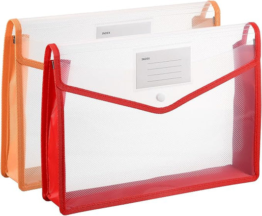 PATIKIL Plastic Expanding File Folders, 2 Pack A4 File Folder Envelopes Letter Size Document Organizer Supplies with Snap Closure for Classroom Office, Red/Orange, Horizontal