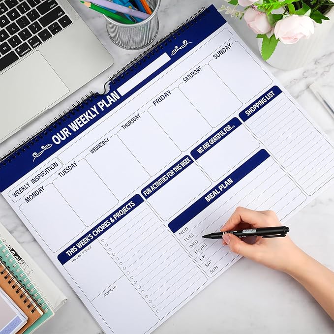 Fulmoon 2 Pcs 52 Sheets Weekly Planner 13 x 17'' Family Planner Spiral Weekly Calendar Habit Tracker Calendar Family Meal for Wall Planning Organizing Goals Tasks Chores(Classic)