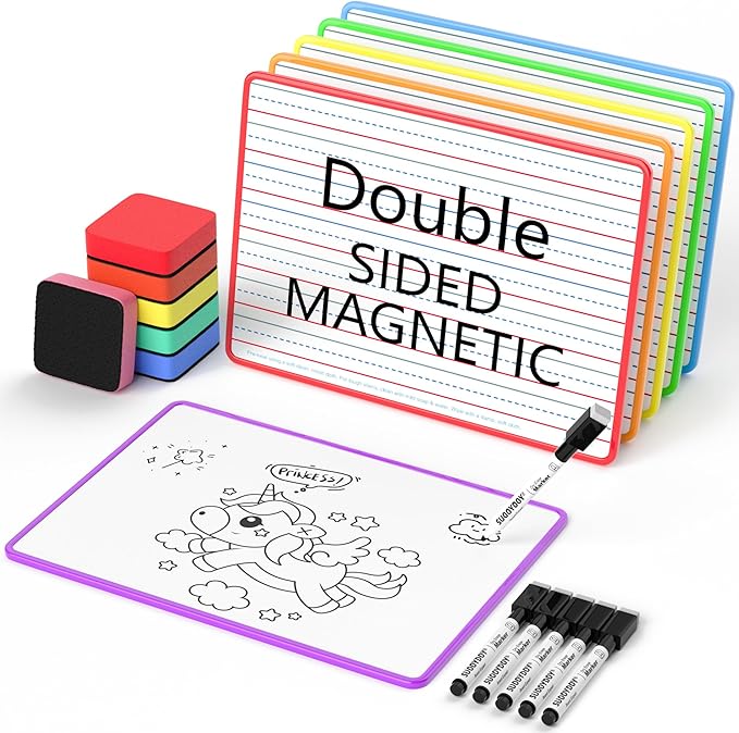 Dry Erase Boards 6 Pack, Colored Frame Double Sided Magnetic Small Whiteboards with Lines for Kids, Students, Teacher & Classroom Pack
