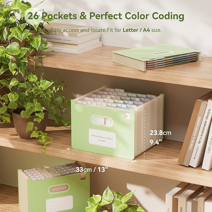 EcoStash 26 Pockets Accordion File Organizer, Wheat Straw File Folders, Upright&Open Top, A-Z Bill Receipt Organizer, 100% BPA Free, Return to Nature, Healthy Living, Letter/A4 Size - Mint Green
