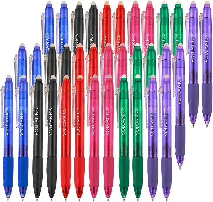 Volcanics Erasable Gel Pens 36 Pack, 6 Vibrant Colors, 0.7mm Fine Point Clicker Retractable Gel Ink Pens, Smooth & Refillable, Back to School Essentials for Home & Office Use