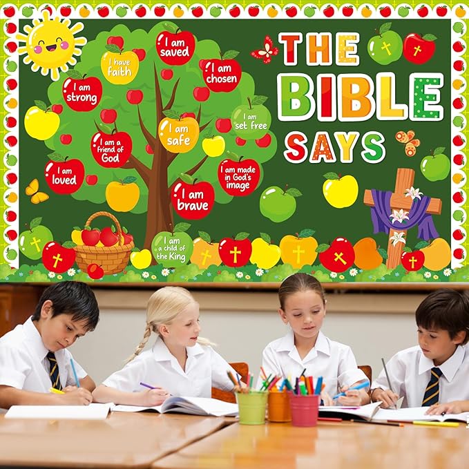 gisgfim Apple Tree Christian Bulletin Board Decorations Set Fall Religious Inspirational Paper Cutouts Jesus Bible Bulletin Board Decor for Sunday School Classroom Chalkboard Wall