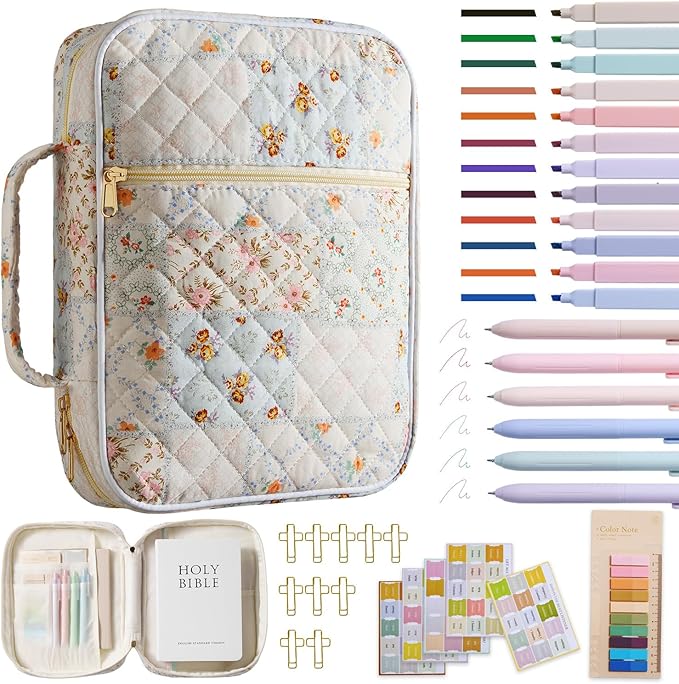 Kosuke Large Quilted Bible Cover Case for Women Girls,Bible Tote Bag Durable Bible Carrying Case with Handle for Bible Study & Christian Gifts (Spliced Flower with Bible Study Supplies)