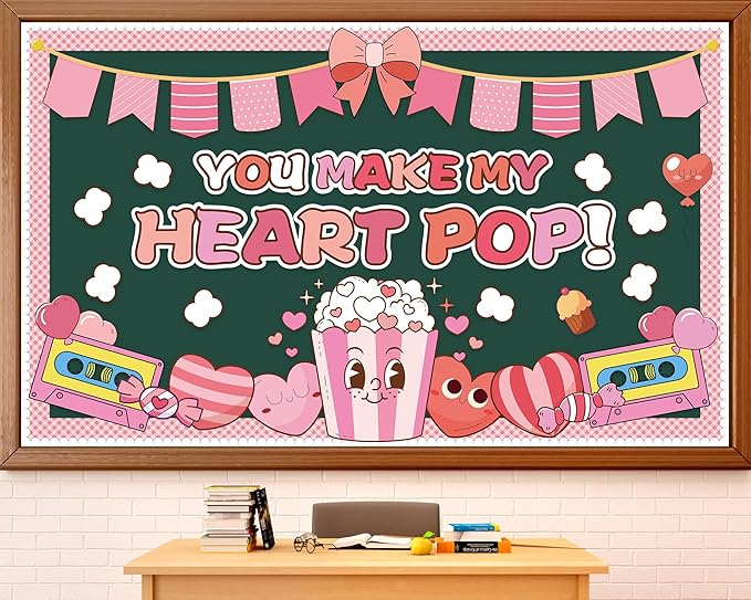 Valentine's Day Bulletin Board Set You Make My Heart Pop Happy Valentine’s Day Classroom Decoration Candy Heart Bow Popcorn Poster Cutouts for Class School Home Office Chalkboard Wall Door Decor