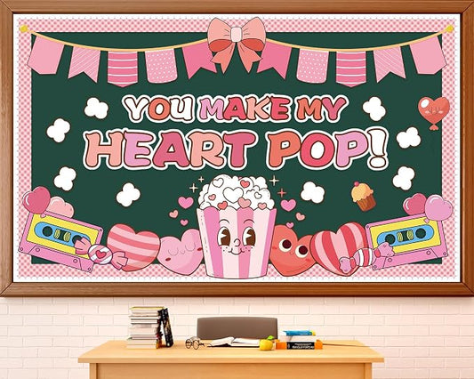 Valentine's Day Bulletin Board Set You Make My Heart Pop Happy Valentine’s Day Classroom Decoration Candy Heart Bow Popcorn Poster Cutouts for Class School Home Office Chalkboard Wall Door Decor