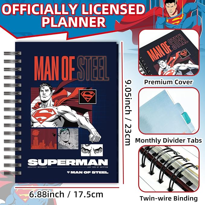 Superman 2026 Planner – Superhero Undated Daily, Weekly & Monthly Planner with Calendar & Holiday Tracker, Monthly Tabs, Habit Tracker, 12 Months Spiral Agenda Book for Office School Gift Supplies