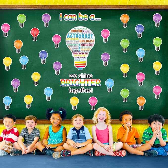 Zonon 49 Pcs Careers Poster for Classroom Science Bulletin Board Decoration Stem Classroom Decor for Elementary Pre School Educational Light Bulb Cutouts Tags(Colorful Background)