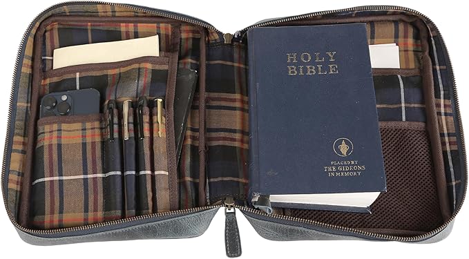 Leather Bible Cover for Men & Women – Zippered Bible Case with Handle, Note & Pen Organizer – Fits Large Study Bible – 11.5x8.5 Inch (Blue)