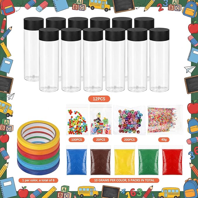 146 Pcs Sensory Bottles Filler Fine Kits Sensory Bin Items Counting Sorting Supplies for Education Activities Include Pom Poms Pen Scissors Notebooks