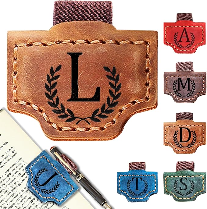 Personalized Leather Magnetic Bookmark with Pen Holder, Bookmark 26 Letters Name Initial Bookmarks for Readers, Book Lover Gifts for Women Men Notebook Accessories (Brown, L)