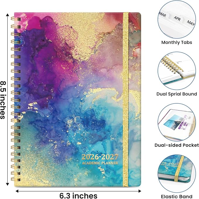 Planner 2026–2027, Academic Planner Weekly and Monthly Calendar Jul 2026 – Jun 2027 Hardcover Planner with Tabs and Pocket, Spiral Bound Agenda Book for Student & Teacher, 6.3" x 8.5", Color Splash