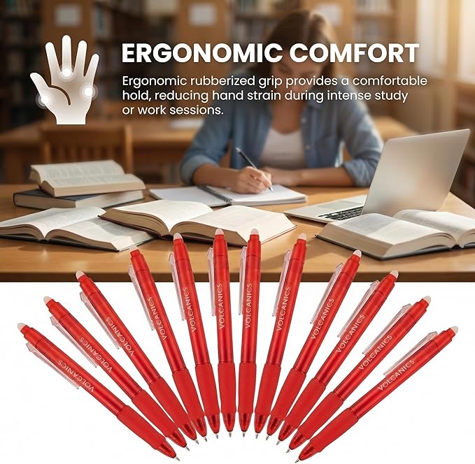 Volcanics Erasable Gel Pens Red Ink, 12 Pack Retractable Clicker Gel Ink Pen, 0.7mm,Fine Point Smooth Writing for Office Work Journaling
