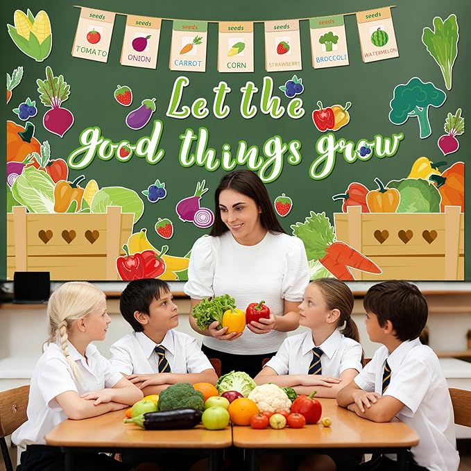 Farmer Market Bulletin Board Set Vegetable and Fruits Classroom Decoration Let The Good Things Grow Vegetable Bulletin Board Veggie Market Paper Cutouts for Back to School Chalkboard Wall Decor