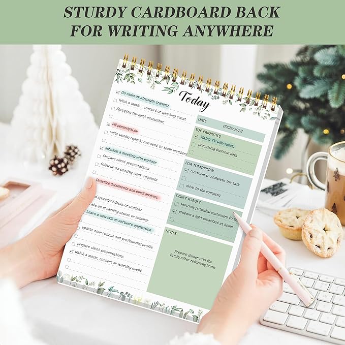 To Do List Notepad - Daily Planner Notepad 104 Pages Task Planner, 6.7" x 9.8" Double Sided Spiral Notebook with Checklist Productivity Planning Pad for Work Office Home-Green