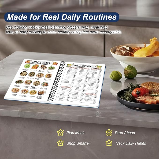 Diabetes Meal Planner & Cookbook for Beginners, Spiral Bound for Type 2 Diabetes with 128 Recipes, Weekly Meal Plans, Grocery Lists, Waterproof PVC Protective Cover, 100 GSM No-Bleed Recyclable Paper