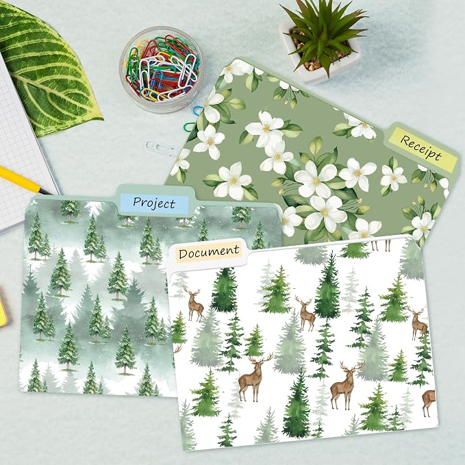 Xqumoi 12Pcs Watercolor Forest File Folders - Christmas Letter Size Decorative File Pockets with 1/3 Cut Tab Pretty Tree Flower Folders for Office Home Classroom Supplies Documents, 8.9 x 11.6 Inch