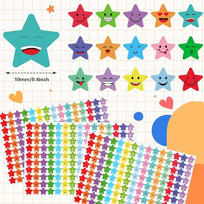 JANYUN 6750Pcs Star Stickers 15 Designs Happy Smile Face Students Reward Chart Behavior Labels for DIY Crafts Scrapbooking School Office Supplies