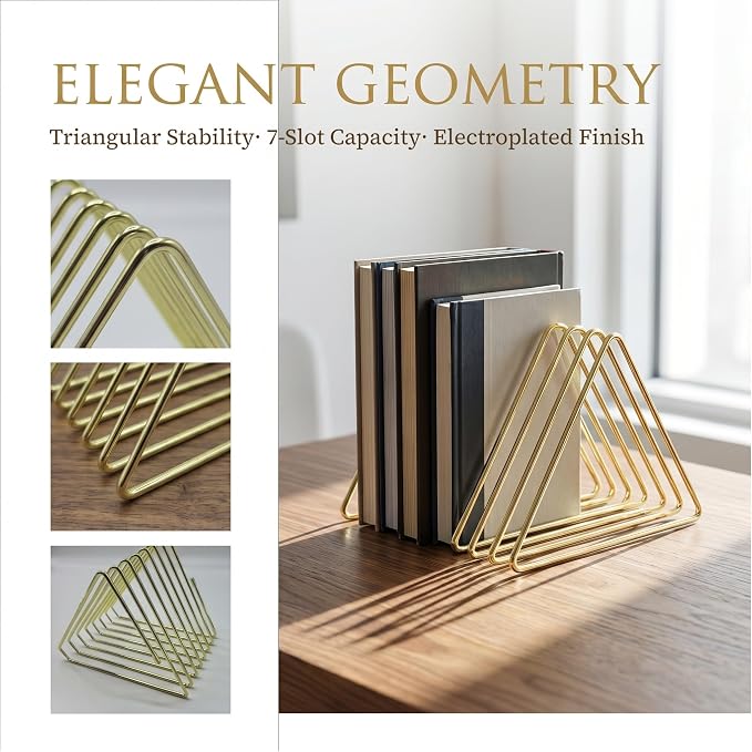 Gold Expandable Bookends, 11-Section, 2"-23.6" | 11 Slot Extra Large Book Rack, Telescoping Desktop Organizer, Metal Construction, For Magazine Vinyl Record Stand