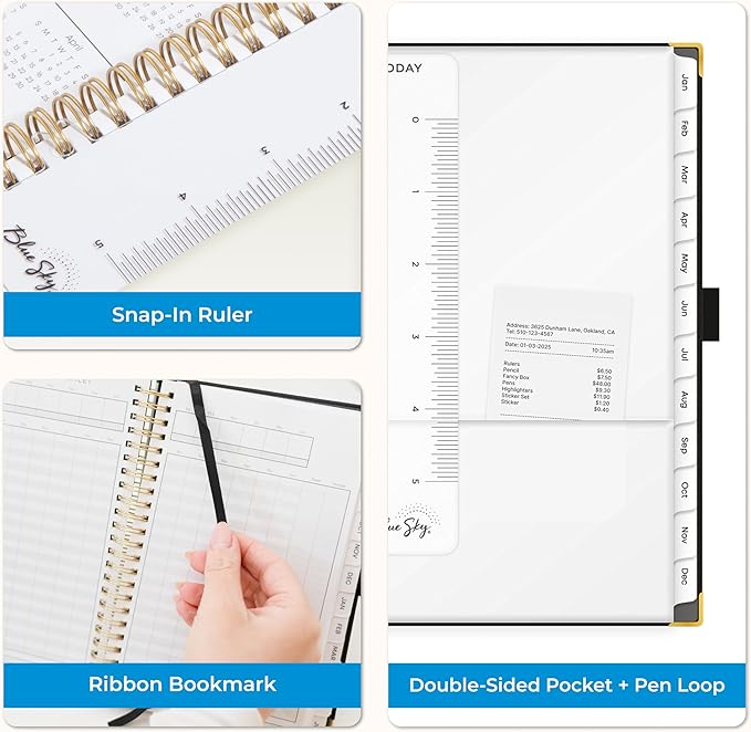 Blue Sky 2026 Weekly and Monthly Planner Calendar, January 2026 - December 2026, 5" x 8", Faux Leather Cover, Durable Twin Wire Binding, Storage Pocket, Laminated Tabs, Includes Pen Loop, Bungee, Ruler, Black