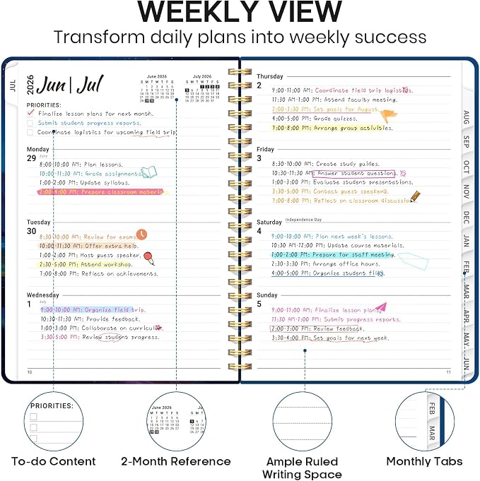 Academic Planner 2026-2027, Weekly and Monthly Calendar Book, July 2026 – June 2027, Hardcover Planner with Tabs, Perfect for Teachers, Students, Women & Men, A5 (6.4" x 8.5") - Night Peak
