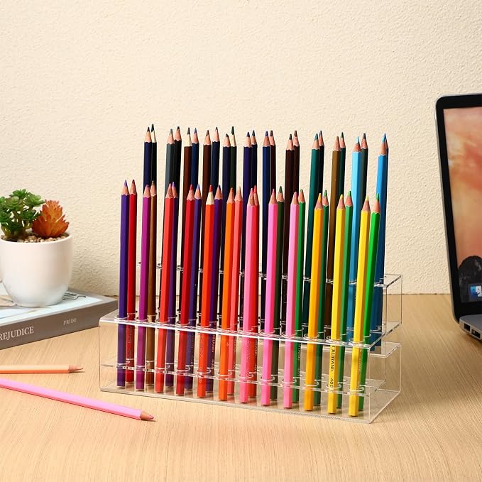 Gatuida Acrylic Pen Holder 48-Slot Desktop Organizer Clear Pencil Storage Box for Office Home Use 9.44 X 4.13 X 3.54 Inches