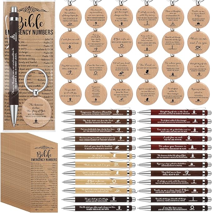 Feifeiya 25 Sets Father's Day Christian Gifts Bulk for Men Bible Verse Pens Keychains Emergency Number Bookmarks Religious Gift Party Favors for Father Pastor Church Baptism Sunday School(Mixed Color)