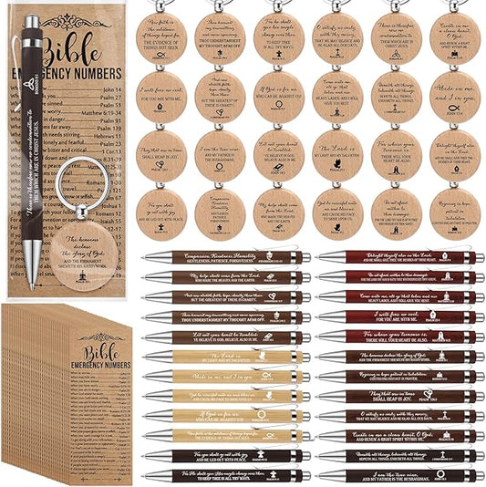 Feifeiya 25 Sets Father's Day Christian Gifts Bulk for Men Bible Verse Pens Keychains Emergency Number Bookmarks Religious Gift Party Favors for Father Pastor Church Baptism Sunday School(Mixed Color)