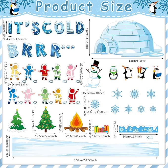 Winter Bulletin Board Decorations Christmas Snowflakes Snowman Penguin Cutouts DIY Photo Paper Cutouts Brrr It’s Cold Holiday Decor for Christmas Chalkboard School Home Wall Teacher Supplies