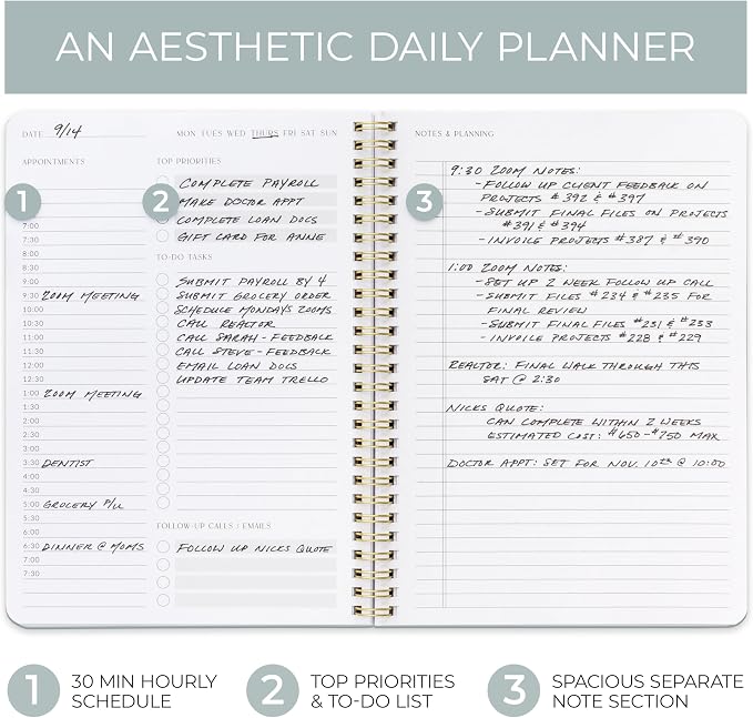 Beautiful Daily Planner And Notebook With Hourly Schedule - Aesthetic Spiral To do List Notepad to Easily Organize Your Tasks And Appointments - Stylish Book And School Or Office Supplies
