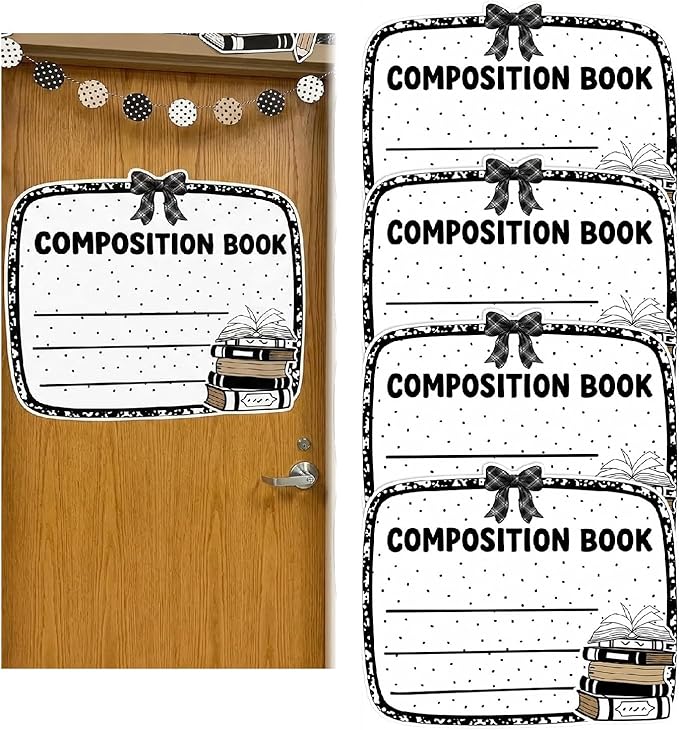Gueevin 4 Pcs Large 23 * 16.5 inch Composition Book Cutouts Composition Notebook Bulletin Board Trim for Classroom Door First Day of School Wall Windows Porch Sign (Black White)