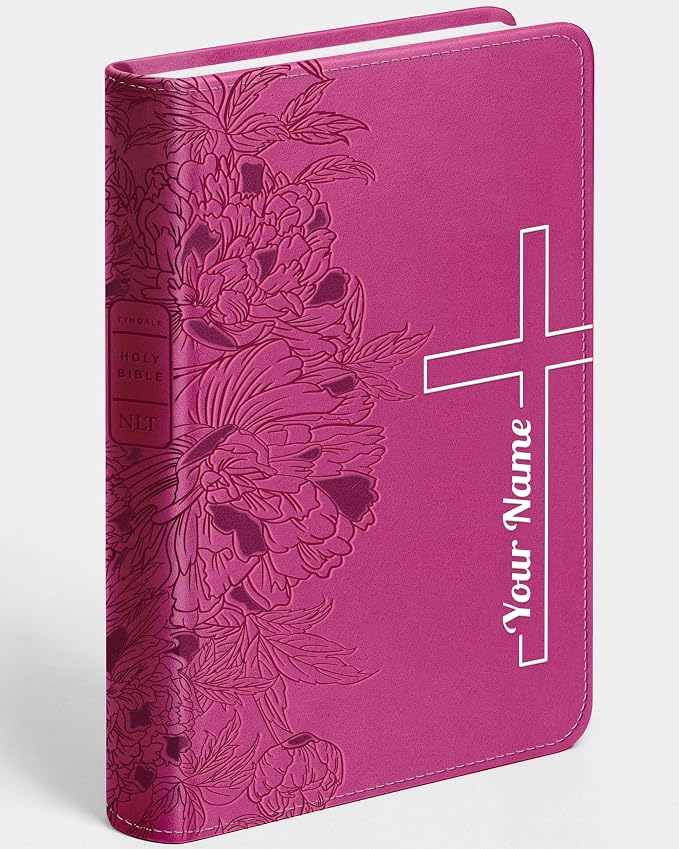 Personalized NLT Bible, Peony Pink Leatherlike, Red Letter, Personal Size Giant Print, Add Your Name