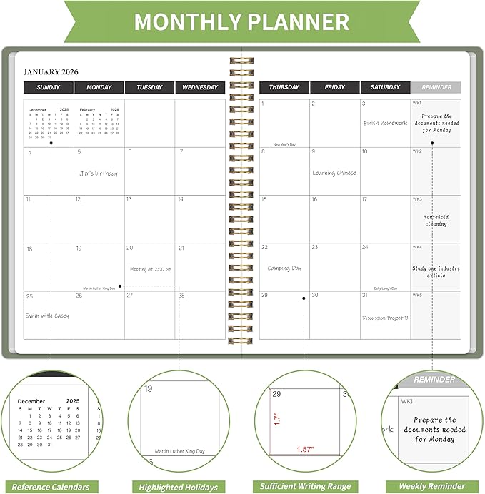 KMQOY Monthly Planner 2026-2027, 2026 Calendar 24 Months Planner, Jan 2026 - Dec 2027, 7.5"x10", Personal Calendar with Monthly Goals, To-Do List, Habit Tracker, 2 years for School Office Home Planning(Green)