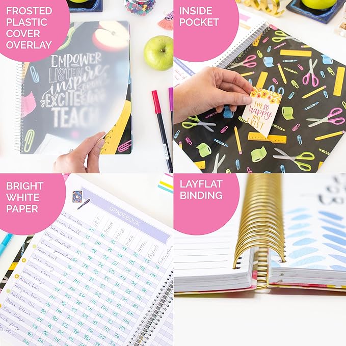 bloom daily planners Undated Academic Year Teacher Planner & Calendar - 7 Period Lesson Plan Organizer Book with Frosted Protective Cover (9" x 11") - Chalkboard
