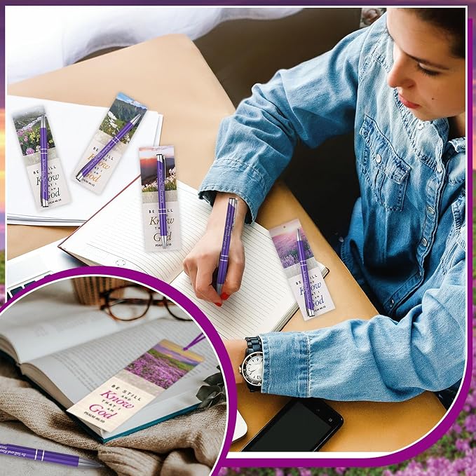 Dispowreath 24 Pcs/ 12 Sets Be Still and Know That I Am God Bookmark with Pen, Include 12 Psalm 46: 10 Bookmarks, 12 Inspirational Bible Verse Pen for Women & Men Christian Gifts Church Party Supplies