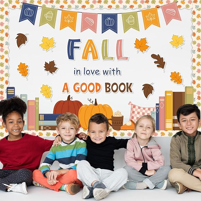 JarThenaAMCS Fall Thanksgiving Reading Bulletin Board Set Boho Autumn Library Book Classroom Decorations Pumpkin Maple Leaves Cutouts for School Chalkboard Wall Door Decor