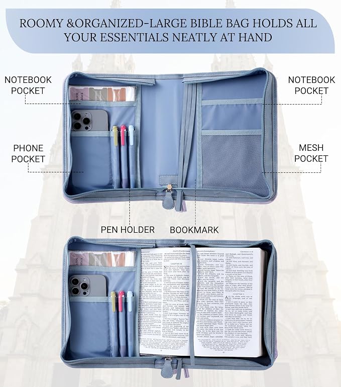 Vegan Leather Bible Cover for Men & Women, Bible Case with Gift Box, Christian Catholic Religious Bible Gifts (Light Blue)
