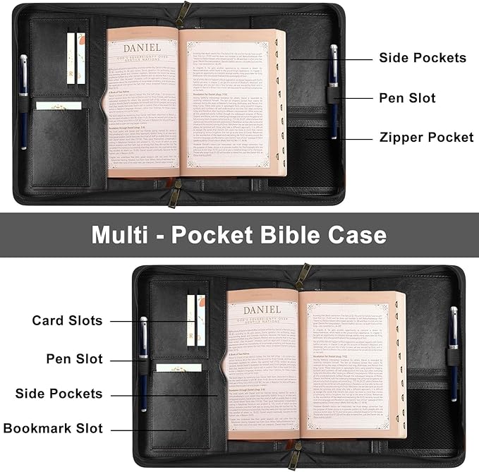Extra Large Bible Cover Case for Men Women, Mens Bible Covers Cases Leather Bible Cover Carrying Case for Women Men with Handle Zippered Bible Book Cover Holder Bag Case(Black, XL)