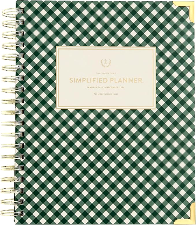 Simplified 2026 12-Month Spiral Weekly Planner — Camp Gingham — January 2026 - December 2026, Calendar Year Organizer with Stickers, Pockets, and Keepsake Box