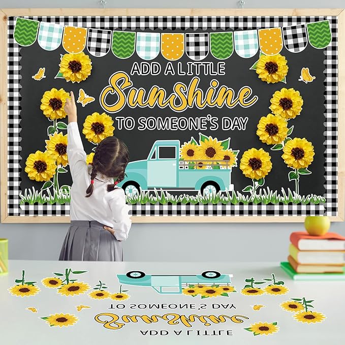 Spring Sunflower Truck Bulletin Board Decorations with 3D Tissue Paper Pompoms Sunflower Themed Plaid Borders Yellow Summer Sunflower Cutouts Back to School Teacher Supplies School Office Wall Decor