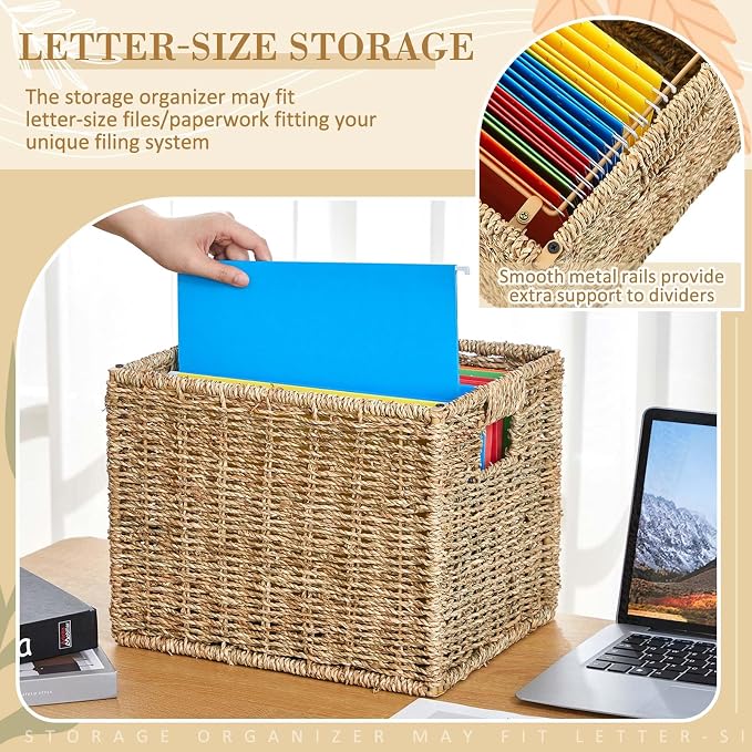 Jingmore Hanging File Box, Seagrass Collapsible Woven File Organizer for Letter Size Files, Portable Decorative Storage Basket with Handles for Home Office Decor