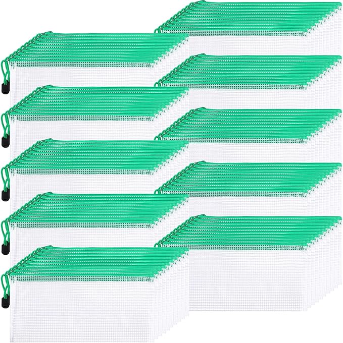 Sherr 120 Pcs Mesh Zipper Pouch A6 Pencil Pouches Bulk Small Clear Mesh Bags with Zipper 9.45'' x 4.53'' Waterproof File Bag Pencil Case for School Office Travel Organization(Green)