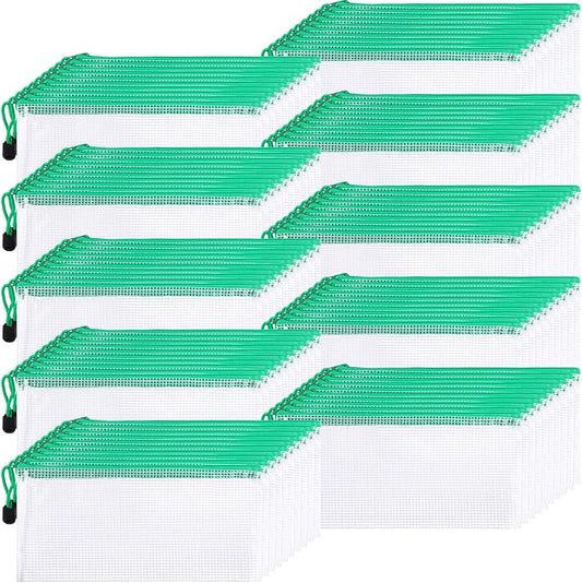 Sherr 120 Pcs Mesh Zipper Pouch A6 Pencil Pouches Bulk Small Clear Mesh Bags with Zipper 9.45'' x 4.53'' Waterproof File Bag Pencil Case for School Office Travel Organization(Green)