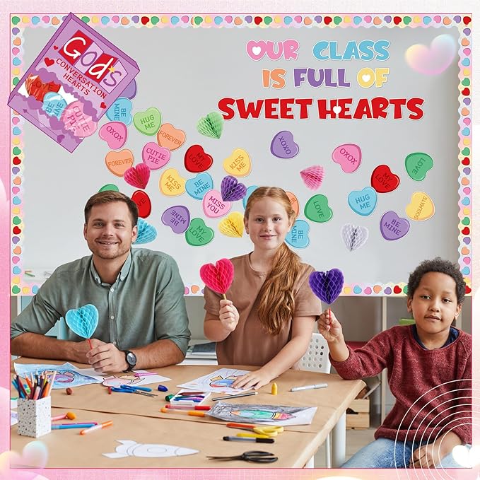 Pasimy Christian Valentine Bulletin Board Decorations God's Conversation Hearts Valentine's Day Classroom Decor 3D Heart Honeycomb Cutouts Sweet Borders for Church Office Wall Window Party Supplies